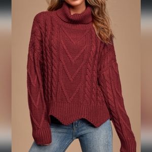 Lulus Call Me Cozy Wine Red Cable Knit Turtleneck Sweater
